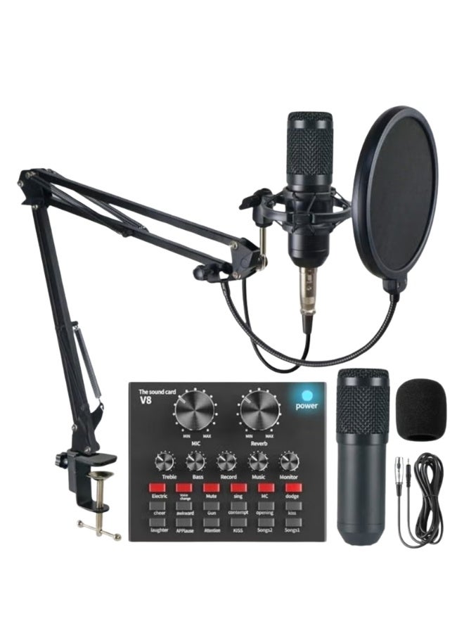 Condenser Microphone Kit Set with V8 Sound Card, Boom Arm Stand, Pop Shield Recording Studio Equipment Full Set with 3.5mm Mic for Smartphones Live Streaming Youtubers - Black  - Image 1