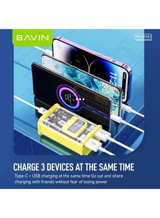 BAVIN PC1011S 10000mAh Transparent Power Bank 22.5W Fast Charging Portable Charger with LED Digital Display, Smart Chip Protection & Dual USB Output - Yellow - Image 1