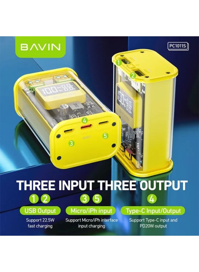 BAVIN PC1011S 10000mAh Transparent Power Bank 22.5W Fast Charging Portable Charger with LED Digital Display, Smart Chip Protection & Dual USB Output - Yellow - Image 2