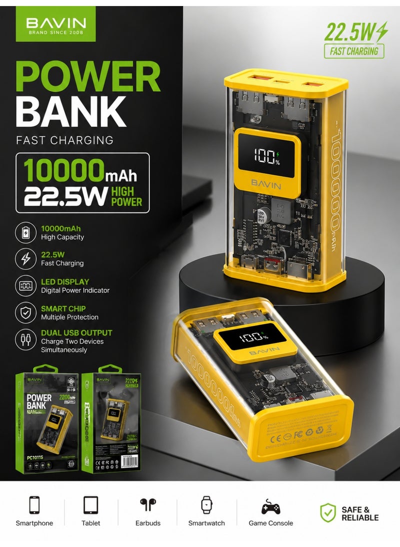 BAVIN PC1011S 10000mAh Transparent Power Bank 22.5W Fast Charging Portable Charger with LED Digital Display, Smart Chip Protection & Dual USB Output - Yellow - Image 3