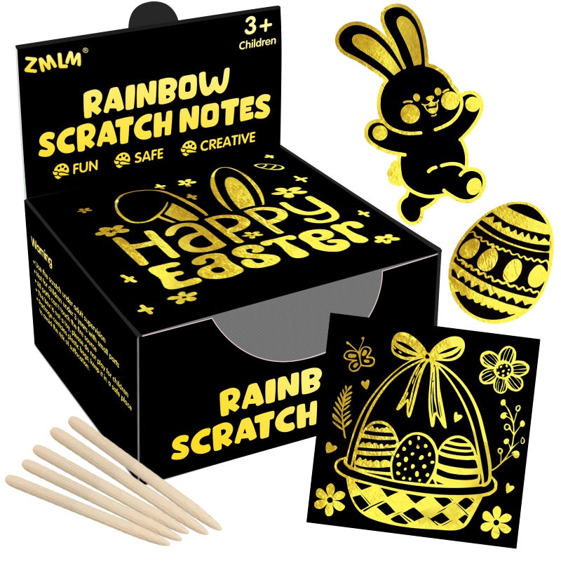 ZMLM Easter Basket Stuffers for Kids 165 Rainbow Scratch Paper Art Notes Easter Crafts for Kids Ages 48 Gifts Girls Boys Toys Classroom Prizes for Students School ActivityGold - Image 2