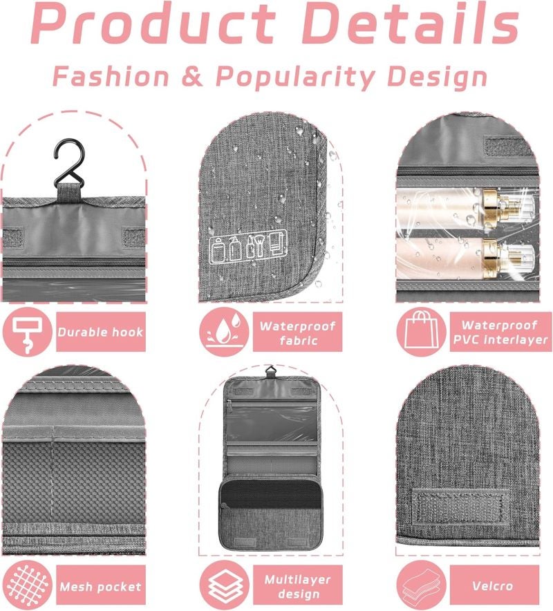 Toiletry Bag Travel Bag with Hanging Hook, Waterproof Capacity Hanging Multifunctional Makeup Bag for Toiletries, Portable Cosmetic Bag Travel Organizer for Women and Men(Grey) - Image 3