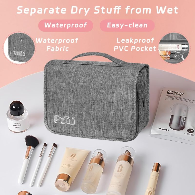 Toiletry Bag Travel Bag with Hanging Hook, Waterproof Capacity Hanging Multifunctional Makeup Bag for Toiletries, Portable Cosmetic Bag Travel Organizer for Women and Men(Grey) - Image 5