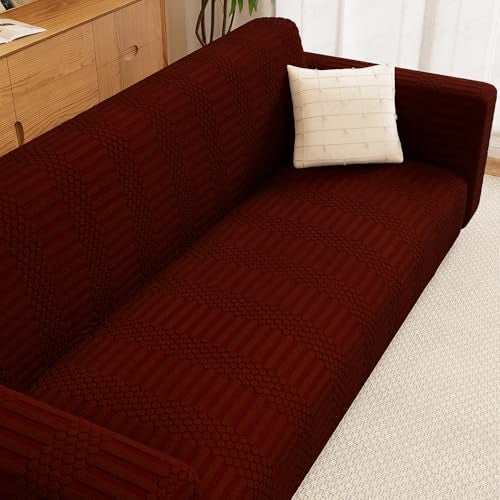 Lukzer 3 Seater Pastel Deep Maroon Dotted Stripe Pattern Sofa Cover | 240 GSM Universal Stretch Fit Jacquard Fabric Couch Protector | Fully Covered Anti Slip & Washable Sofa Cover 180-230cm/SC-132-03 - Image 1