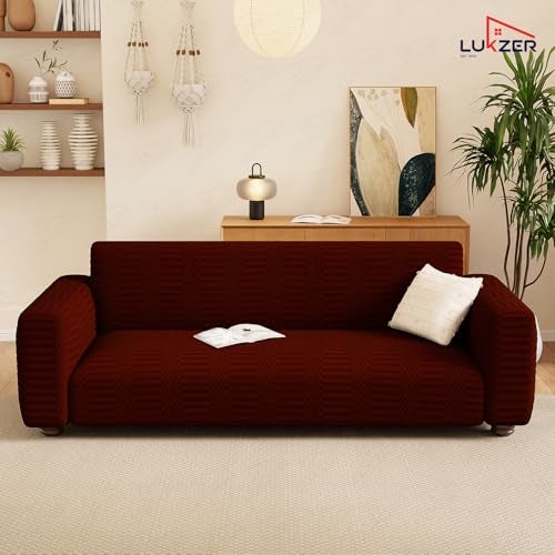 Lukzer 3 Seater Pastel Deep Maroon Dotted Stripe Pattern Sofa Cover | 240 GSM Universal Stretch Fit Jacquard Fabric Couch Protector | Fully Covered Anti Slip & Washable Sofa Cover 180-230cm/SC-132-03 - Image 4