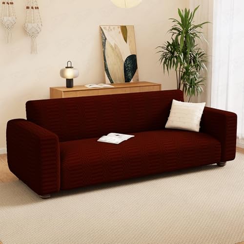 Lukzer 3 Seater Pastel Deep Maroon Dotted Stripe Pattern Sofa Cover | 240 GSM Universal Stretch Fit Jacquard Fabric Couch Protector | Fully Covered Anti Slip & Washable Sofa Cover 180-230cm/SC-132-03 - Image 3
