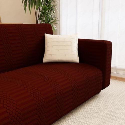 Lukzer 3 Seater Pastel Deep Maroon Dotted Stripe Pattern Sofa Cover | 240 GSM Universal Stretch Fit Jacquard Fabric Couch Protector | Fully Covered Anti Slip & Washable Sofa Cover 180-230cm/SC-132-03 - Image 5