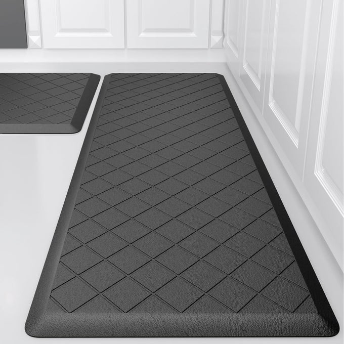 CUSHIONED KITCHEN MAT 2 PCS ANTI FATIGUE KITCHEN RUGS HEAVY DUTY KITCHEN RUGS AND MATS NONSKID ERGONOMIC COMFORT FOAM KITCHEN FLOOR MAT FOR HOME OFFICE SINK LAUNDRY BLACK