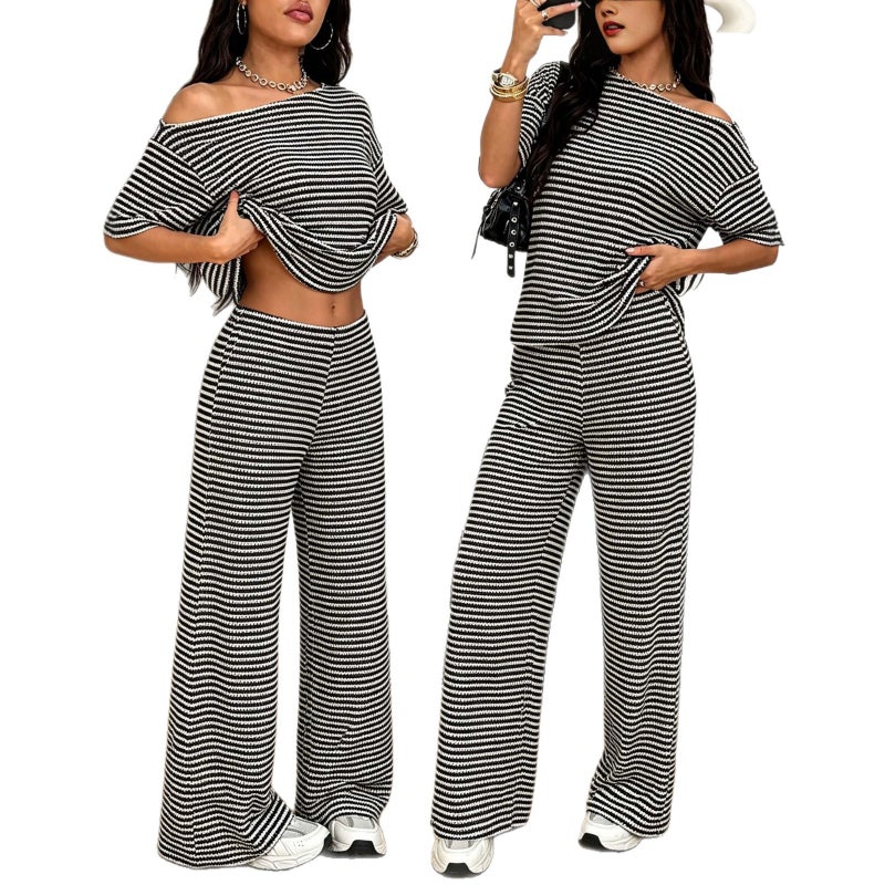 Black and White Striped Off-Shoulder Short Sleeve Two-Piece Set Top + Wide-Leg Pants - Image 5