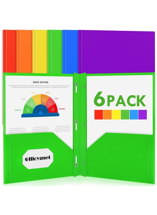 Officygnet 6 Packs Plastic Folders With Pockets And Prongs Fastener, Bulk Multicolor 2 Pocket Folders, Heavy Duty File Folders For Office School Supplies, Two Pocket Folders For Letter Size Sheets  - Image 1