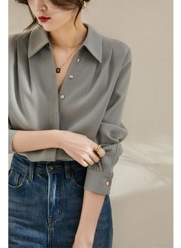 Generic Elegant Striped Dove Grey Vintage Shirt With V-Neck And Ruffles Vestido De Marca NONE( AE Surplus) From China Mainland Grey 