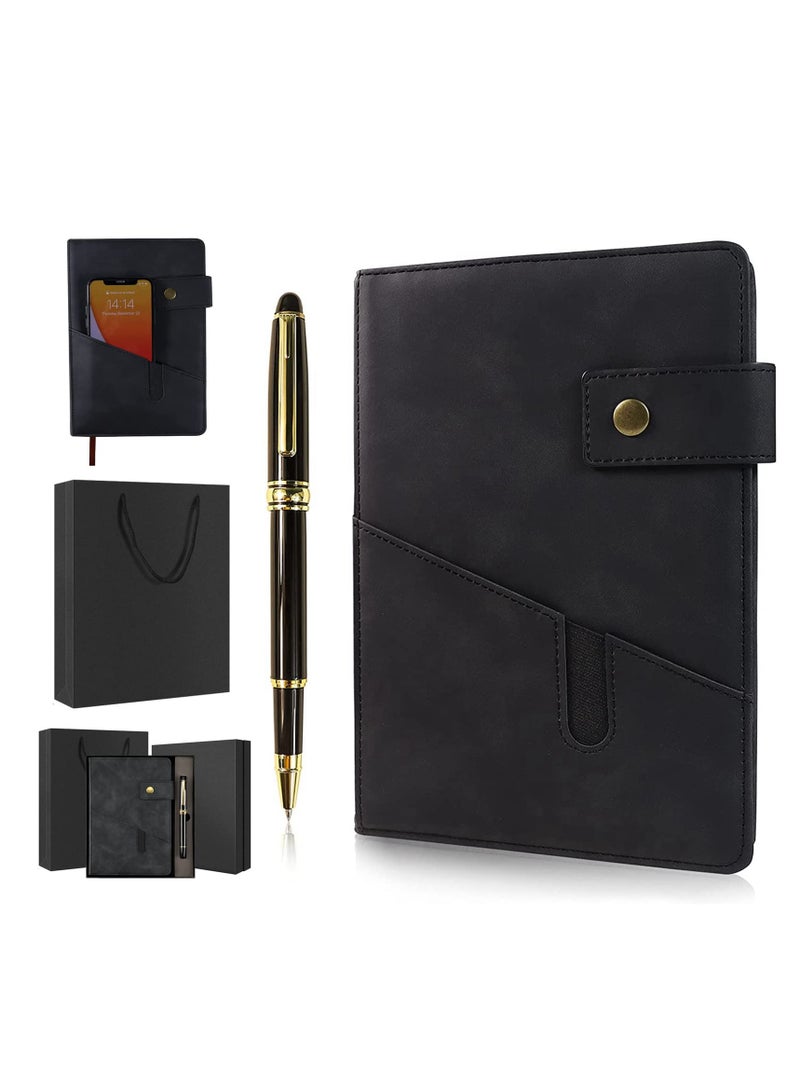 Notebook, Black A5 Lined Leather Journal Personalized Hardcover Set with Pen and Gift Box, 200s 100gsm Thick Ruled Paper Daily Diary for School Travel Business Work Home Writing - Image 1