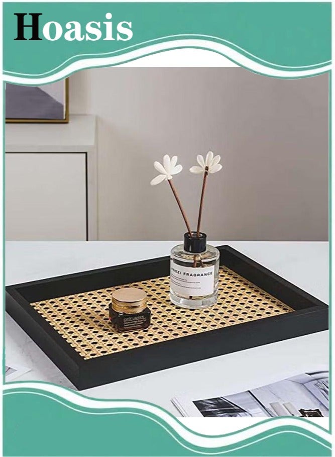 Hoasis Rectangle Serving Tray with Imitated Rattan, Basket Serving Tray with Black Wooden Frame for Coffee, Breakfast, Food, Drink, Make Up Decorative Trays 32 x 23 x 2 cm - Image 1