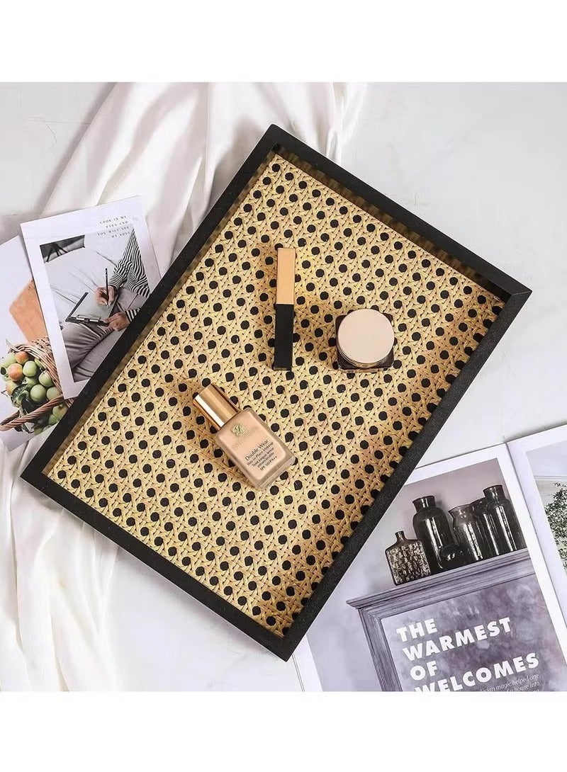 Hoasis Rectangle Serving Tray with Imitated Rattan, Basket Serving Tray with Black Wooden Frame for Coffee, Breakfast, Food, Drink, Make Up Decorative Trays 32 x 23 x 2 cm - Image 3
