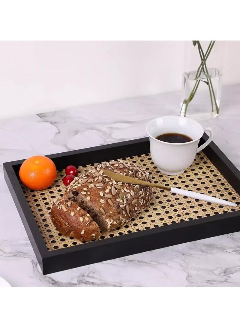 Hoasis Rectangle Serving Tray with Imitated Rattan, Basket Serving Tray with Black Wooden Frame for Coffee, Breakfast, Food, Drink, Make Up Decorative Trays 32 x 23 x 2 cm - Image 5