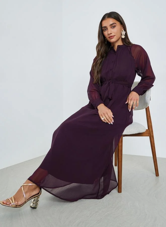 Purple A-Line Maxi Dress with Tie-Up Belt