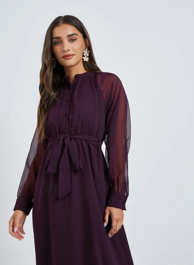 Styli Purple A-Line Maxi Dress with Tie-Up Belt
