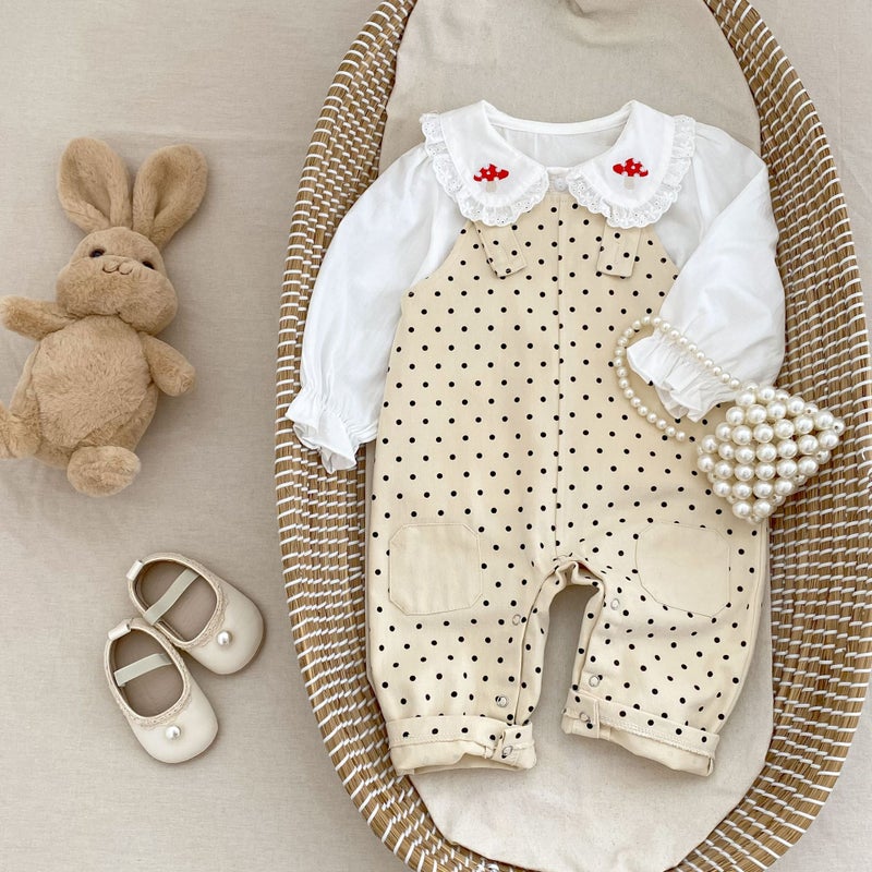 Ins2025 Autumn New Style Male and Female Baby Polka Dot Patch Suspenders Long Crawling Korean Style Fashionable and Versatile Crawling Clothes - Image 5