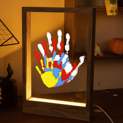 CHERRY CHEERS Family Handprint Kit with Light, Handprint Keepsake Frame, Wooden Led Light, Easy Install, No Need Screw etc, Non-Toxic Paints (Brown) - Image 1