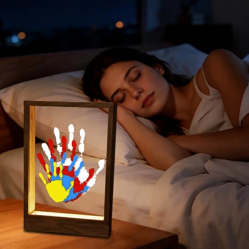 CHERRY CHEERS Family Handprint Kit with Light, Handprint Keepsake Frame, Wooden Led Light, Easy Install, No Need Screw etc, Non-Toxic Paints (Brown) - Image 2