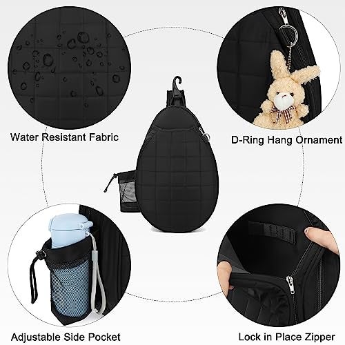Rejolly Tennis Racket Sling Bag for Women Men Quilted Water Resistant Racquet Cover One Shoulder Crossbody Bag for 2 Tennis Rackets, Pickleball Paddles, Badminton Racquet Black - Image 5