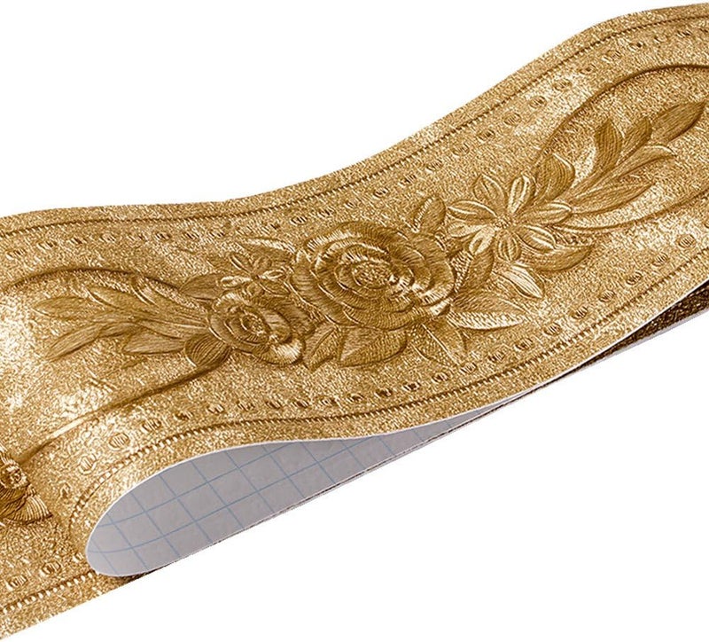 REDODECO حافة حائط بتصميم زهور ثلاثية الأبعاد لزينة المنزل، الحمام، المطبخ، 4 بوصة × 16.4 قدم (ذهبي) - Image 1