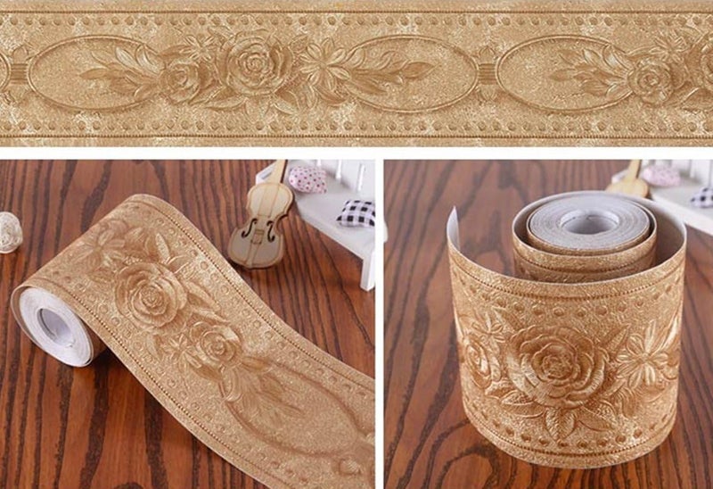 REDODECO حافة حائط بتصميم زهور ثلاثية الأبعاد لزينة المنزل، الحمام، المطبخ، 4 بوصة × 16.4 قدم (ذهبي) - Image 2