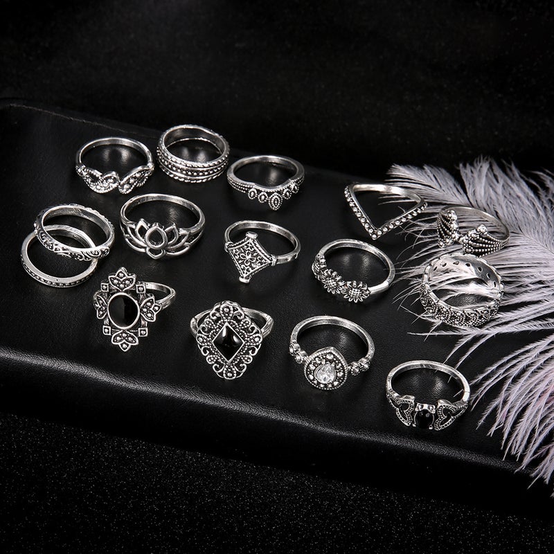 Bohemian Vintage Silver Lotus Ring Set for Women, 15-Piece sku1146  - Image 3