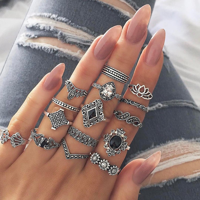 Bohemian Vintage Silver Lotus Ring Set for Women, 15-Piece sku1146  - Image 2