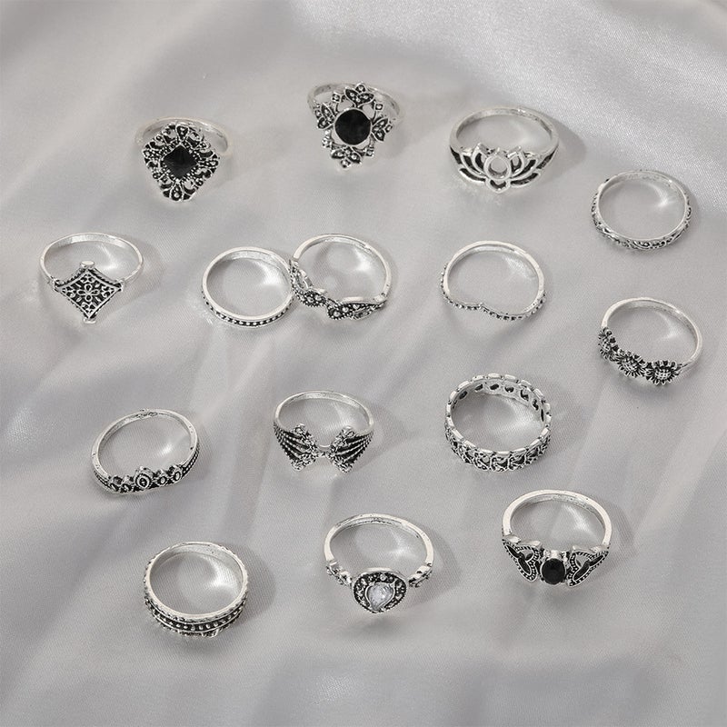 Bohemian Vintage Silver Lotus Ring Set for Women, 15-Piece sku1146  - Image 1