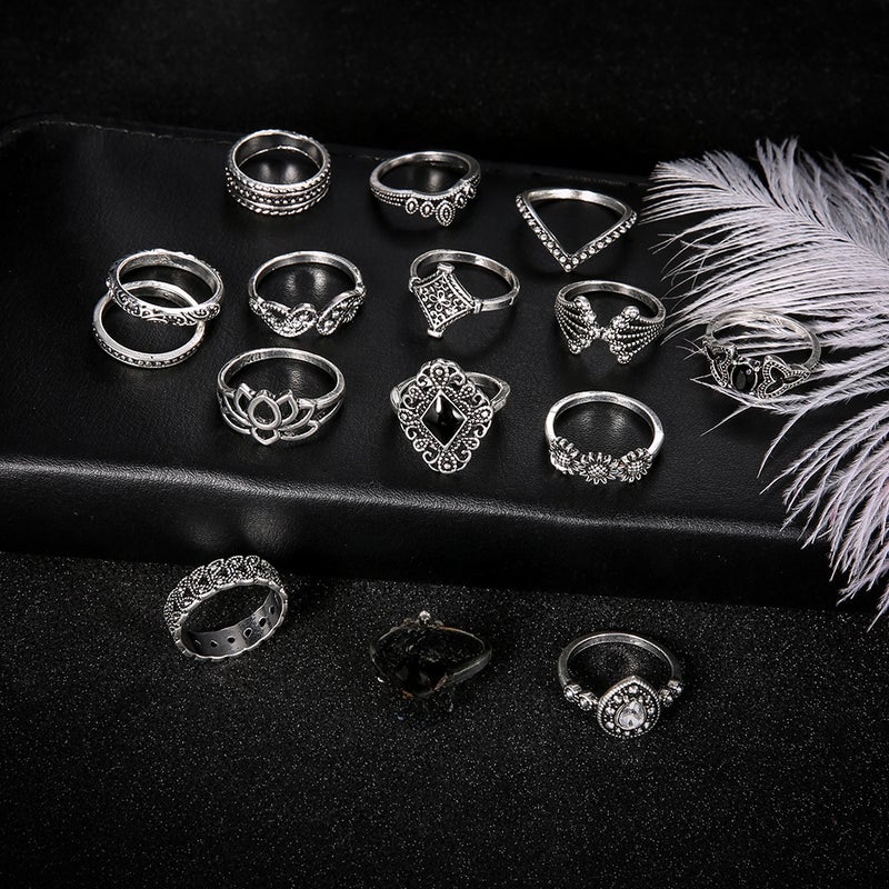 Bohemian Vintage Silver Lotus Ring Set for Women, 15-Piece sku1146  - Image 5