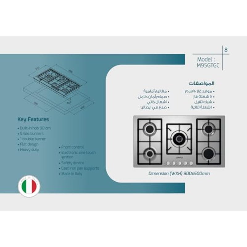 Gas cooktop 90 cm 5 burners for kitchen use, stainless steel finish, heavy-duty grates with side burner, automatic ignition and safety valve, front-mounted controls, Italian-made - Image 3