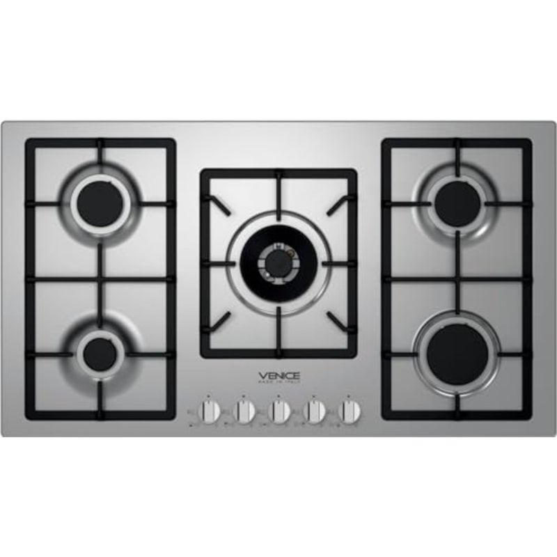 Gas cooktop 90 cm 5 burners for kitchen use, stainless steel finish, heavy-duty grates with side burner, automatic ignition and safety valve, front-mounted controls, Italian-made - Image 2