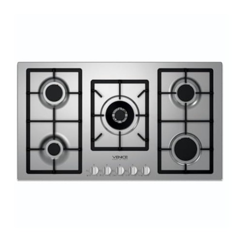 Gas cooktop 90 cm 5 burners for kitchen use, stainless steel finish, heavy-duty grates with side burner, automatic ignition and safety valve, front-mounted controls, Italian-made - Image 4