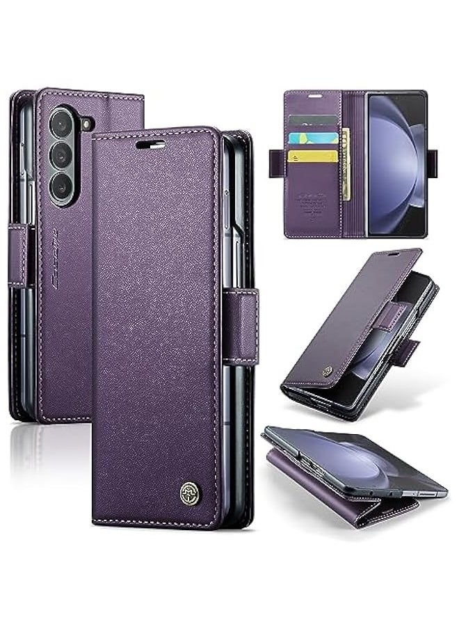Samsung Galaxy Z Fold 5 5G Wallet Case - RFID Blocking Leather Folio Cover with Card Holder and Kickstand - Purple  - Image 1