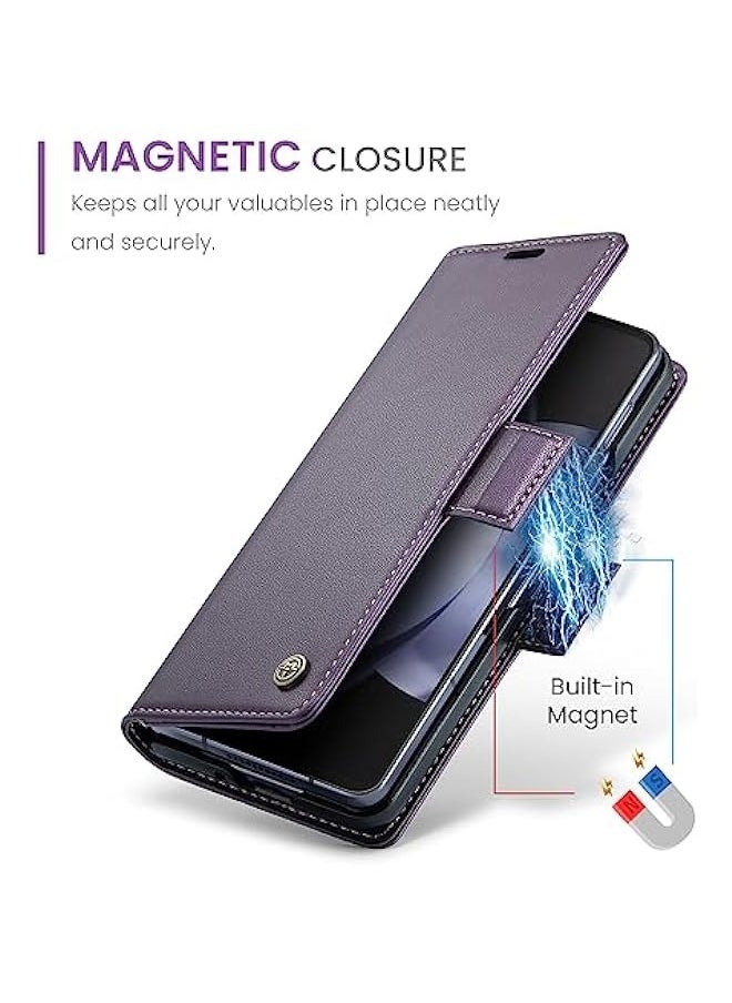 Samsung Galaxy Z Fold 5 5G Wallet Case - RFID Blocking Leather Folio Cover with Card Holder and Kickstand - Purple  - Image 4