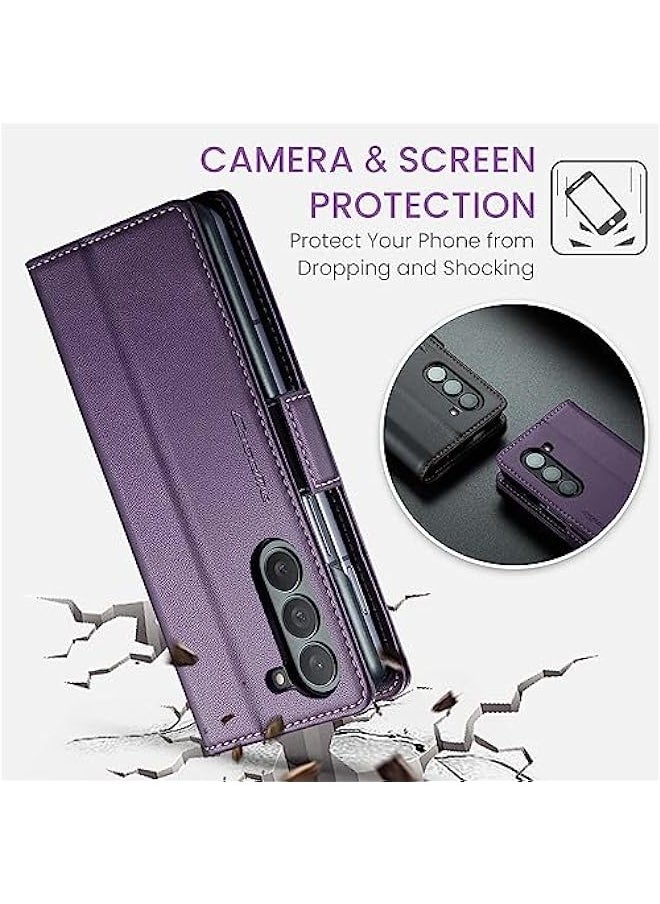 Samsung Galaxy Z Fold 5 5G Wallet Case - RFID Blocking Leather Folio Cover with Card Holder and Kickstand - Purple  - Image 5