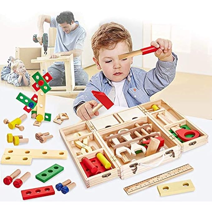 WOODEN TOOL BOX CARRYCASE PRETEND ROLE PLAY CARPENTER ASSEMBLY TAKE APART CONSTRUCTION TOYS FOR KIDS - Image 2