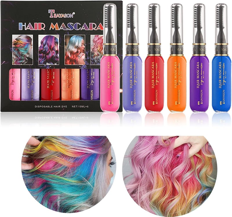 6 Colors Instantly Hair Color Dye Temporary Hair Mascara for Girls Women Washable Hair Color Chalk Rainbow Hair Mascara for Birthday Cosplay DIY