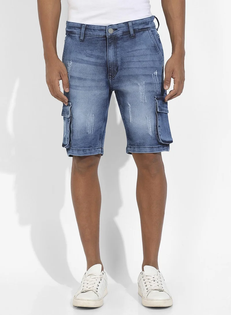 Campus Sutra Men's Blue Distressed Cargo Denim Shorts For Casual Wear | Medium-Wash | Regular Fit | Button Closure | Denim Denim Shorts Crafted With Comfort Fit For Everyday Wear