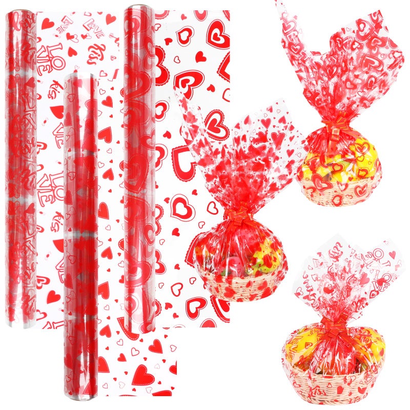 FOPINOA 3 Roll Valentine's Day Cellophane Wrap Set, 32 in x 100 ft Valentines Cellophane Wrap Clear Cellophane Wrap Roll Treat Gift Basket Red Wrapping Cellophane Paper for Valentine's Day Party Decoration - Image 1