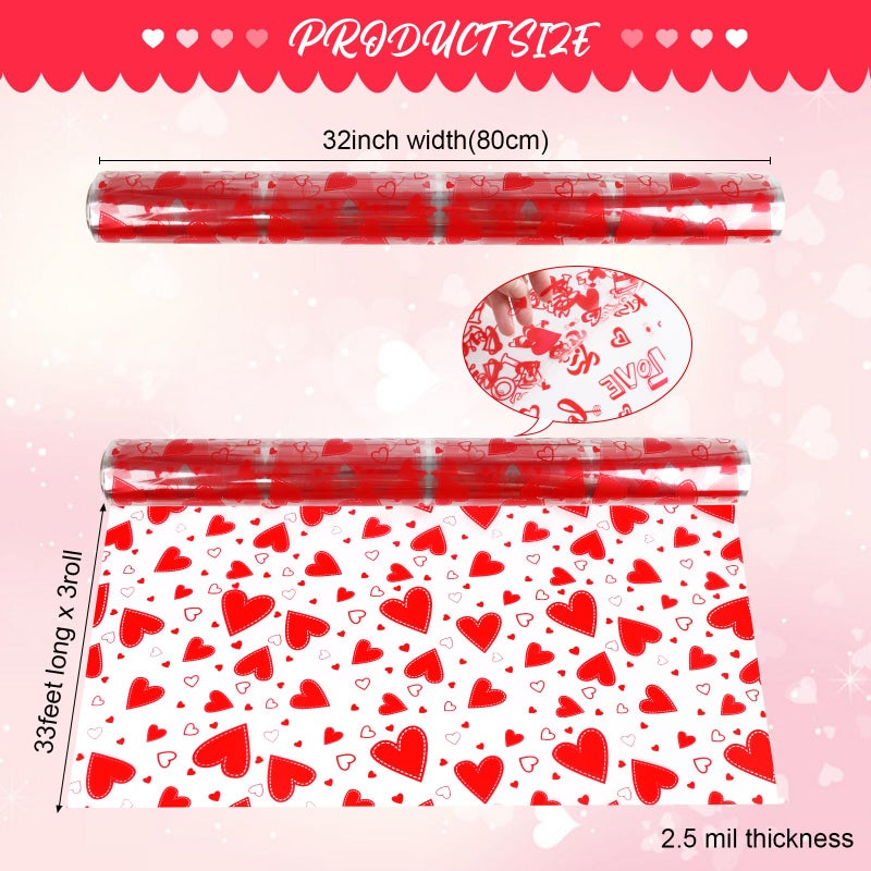 FOPINOA 3 Roll Valentine's Day Cellophane Wrap Set, 32 in x 100 ft Valentines Cellophane Wrap Clear Cellophane Wrap Roll Treat Gift Basket Red Wrapping Cellophane Paper for Valentine's Day Party Decoration - Image 2