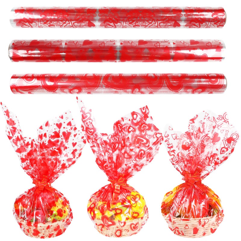 FOPINOA 3 Roll Valentine's Day Cellophane Wrap Set, 32 in x 100 ft Valentines Cellophane Wrap Clear Cellophane Wrap Roll Treat Gift Basket Red Wrapping Cellophane Paper for Valentine's Day Party Decoration - Image 3