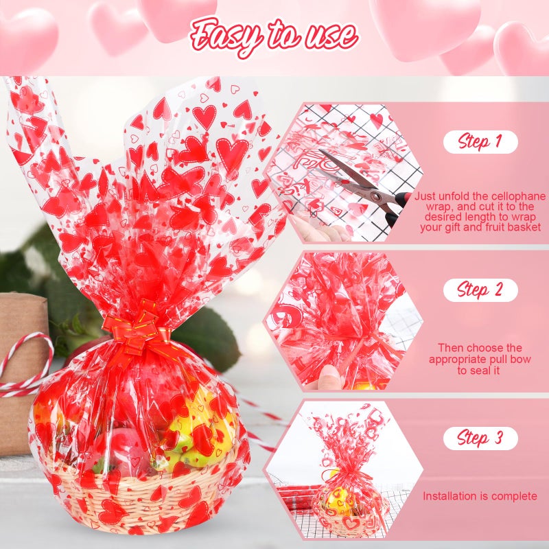 FOPINOA 3 Roll Valentine's Day Cellophane Wrap Set, 32 in x 100 ft Valentines Cellophane Wrap Clear Cellophane Wrap Roll Treat Gift Basket Red Wrapping Cellophane Paper for Valentine's Day Party Decoration - Image 5