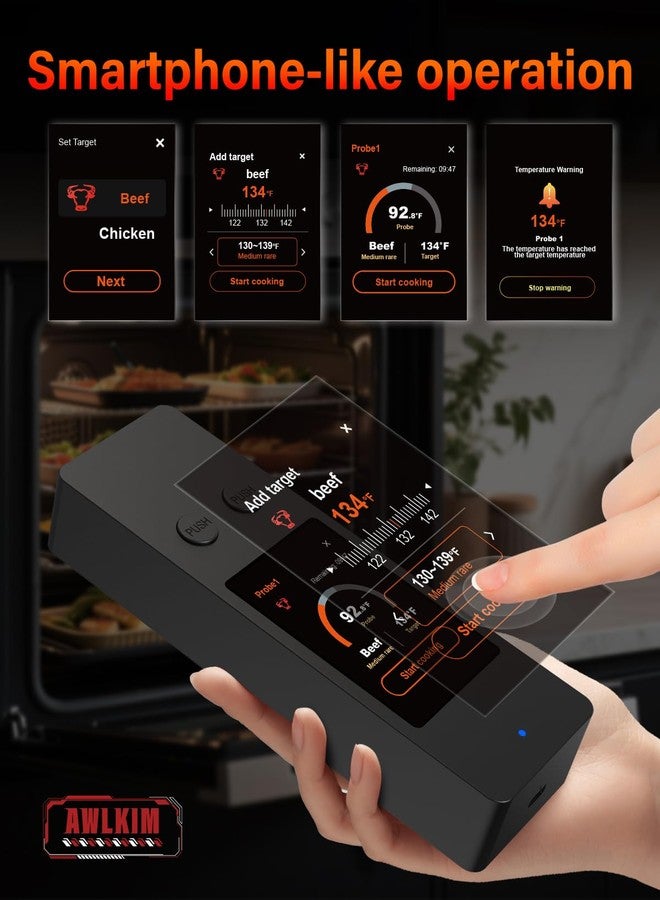 AWLKIM App Smart Wireless Meat Thermometer Bluetooth 5.3 with Touch Screen, Rechargeable Base, 2 IP68 Waterproof Probes, 800FT Range, Audible Alarm, Kitchen Food Thermometer for Cooking Smoker BBQ - Image 3