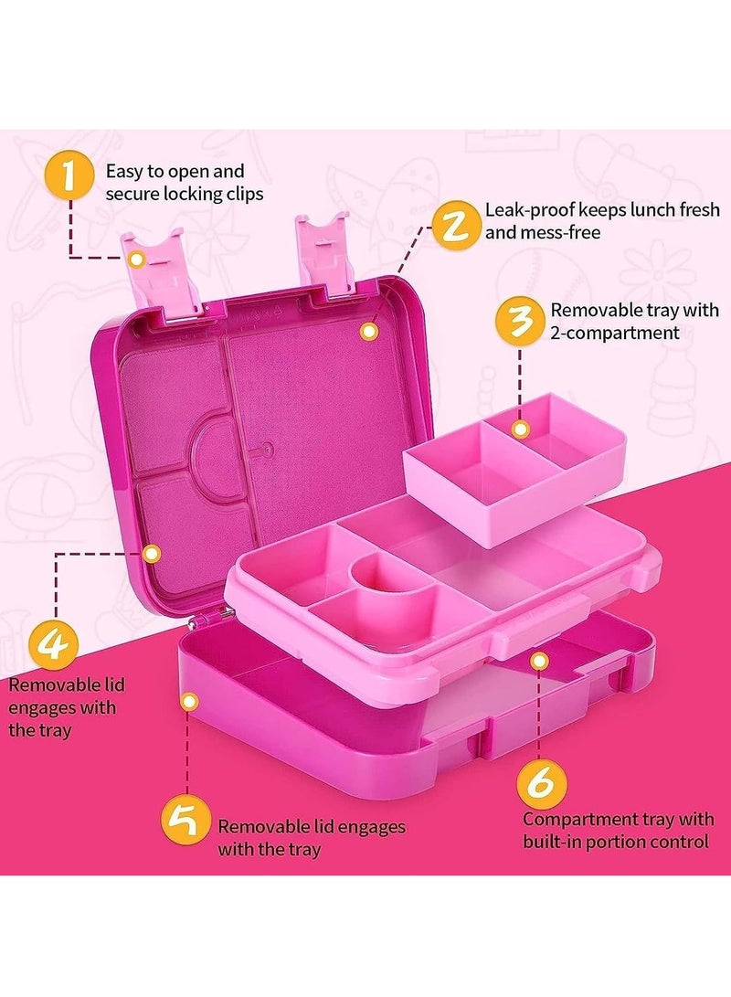 Kids Lunch Box School Bento Box, BPA Free Leak Proof 4/6 Compartment Lunch Container with Animal Fork, Back to School Season Kids Bento Lunch Box, Dishwasher Safe (Pink) - Image 3