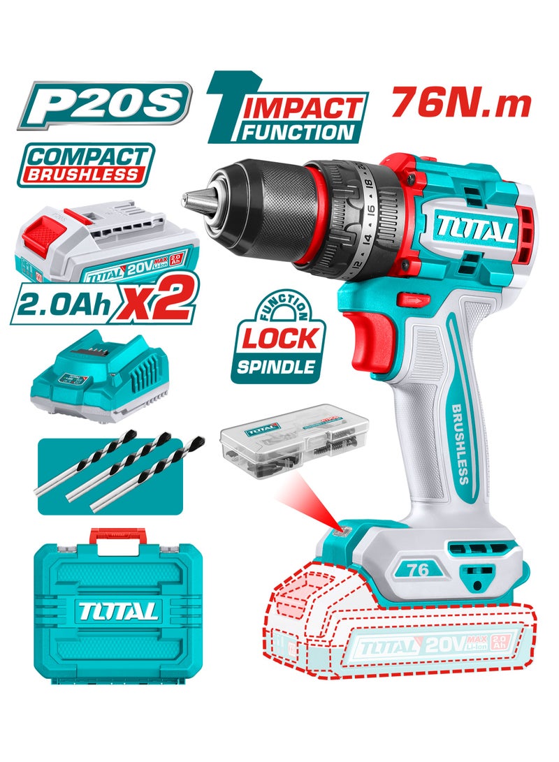 TOTAL TOTAL Compact Brushless Cordless Impact Drill  20V 76Nm  WITH 2 battery And charger TIDLI20768