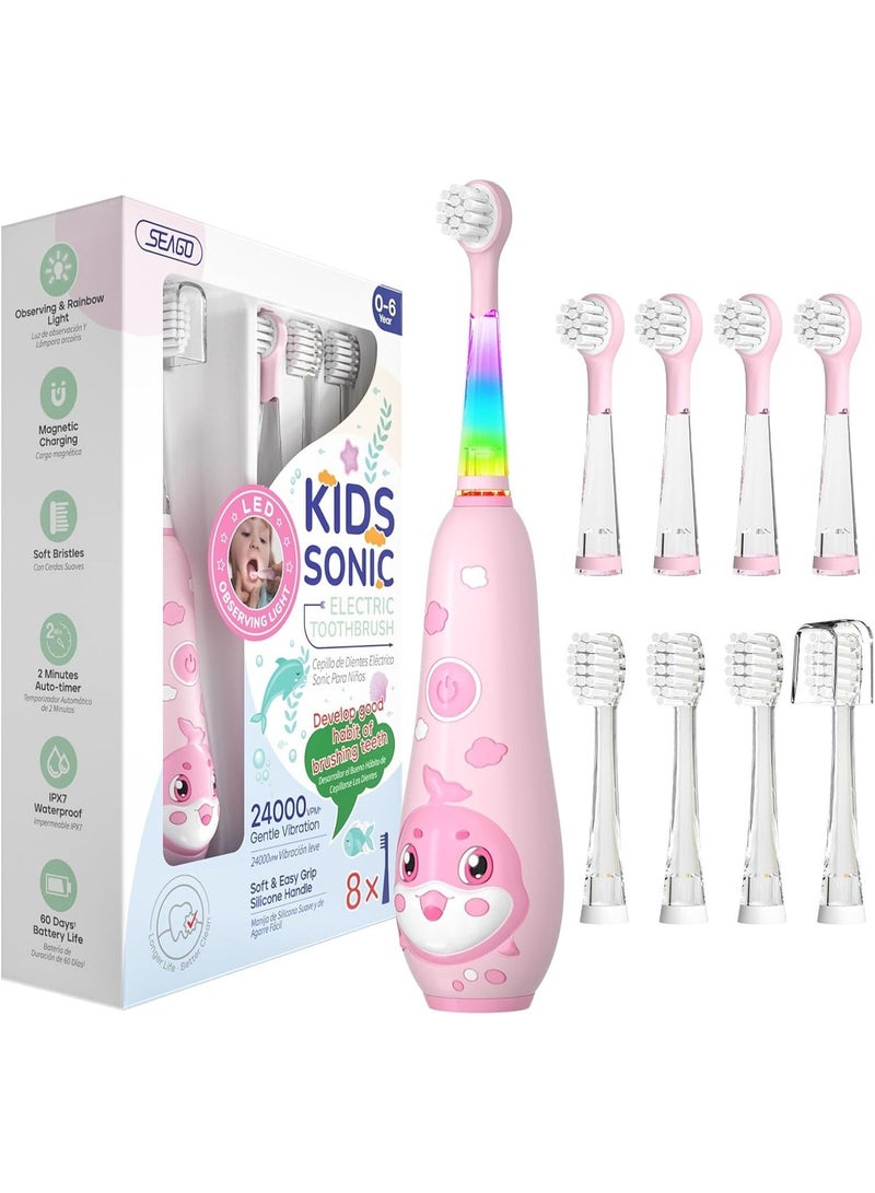 سيجو فرشاة أسنان كهربائية للأطفال من سيجو، فرشاة أسنان كهربائية للأطفال مزودة بشحن مغناطيسي، ضوء مراقبة LED، 8 رؤوس فرشاة أسنان، شحن كامل لمدة 60 يومًا، مناسبة للأطفال من عمر 3 سنوات فما فوق، للأولاد والبنات، SG-2139 (وردي) - Image 1