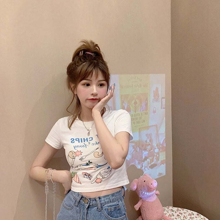 High Waist Navel Hot Girl Short T-shirt Womens Slim-fit Korean-style Ins Super Hot Internet Popular Summer Chic Hong Kong Style Short Sleeve Top Black  - Image 4