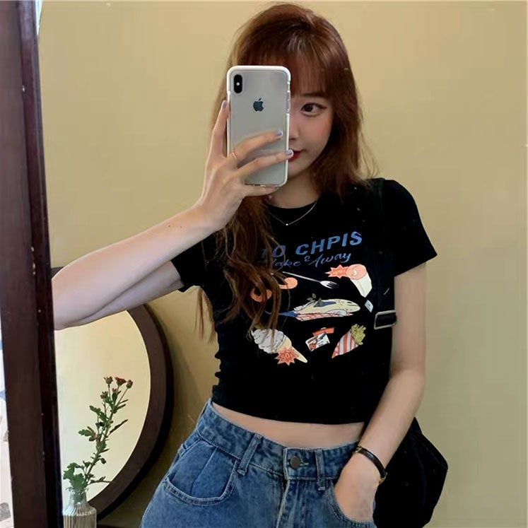 High Waist Navel Hot Girl Short T-shirt Womens Slim-fit Korean-style Ins Super Hot Internet Popular Summer Chic Hong Kong Style Short Sleeve Top Black  - Image 1